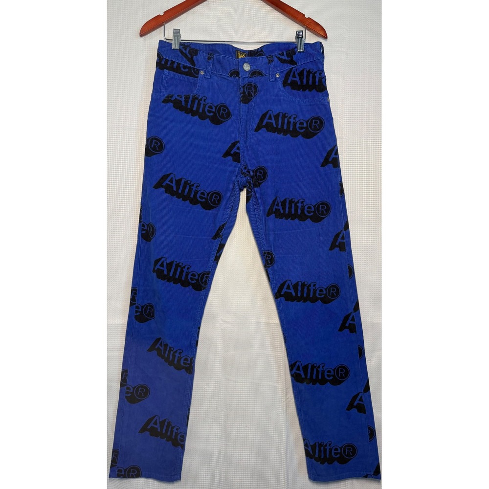 Lee x Alife Corduroy Pants Blue All Over Logo Print Slim Straight Streetwear